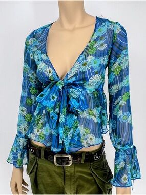 Y2K retro floral print Tie-Front Blouse festival, boho, crop, romantic fairycore